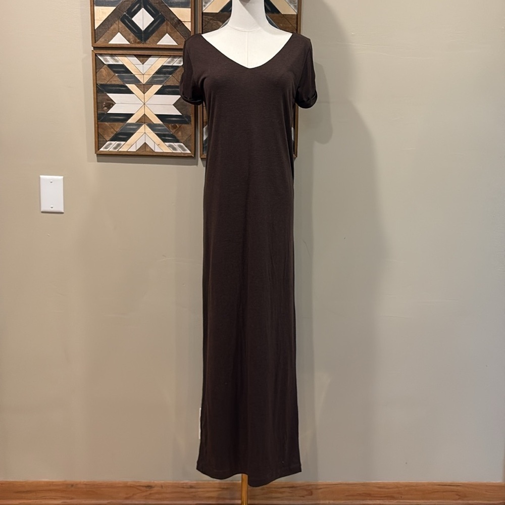 Ralph Lauren V-Neck Jersey Wool Modal Dark Brown Short Sleeve Dress Small NWT